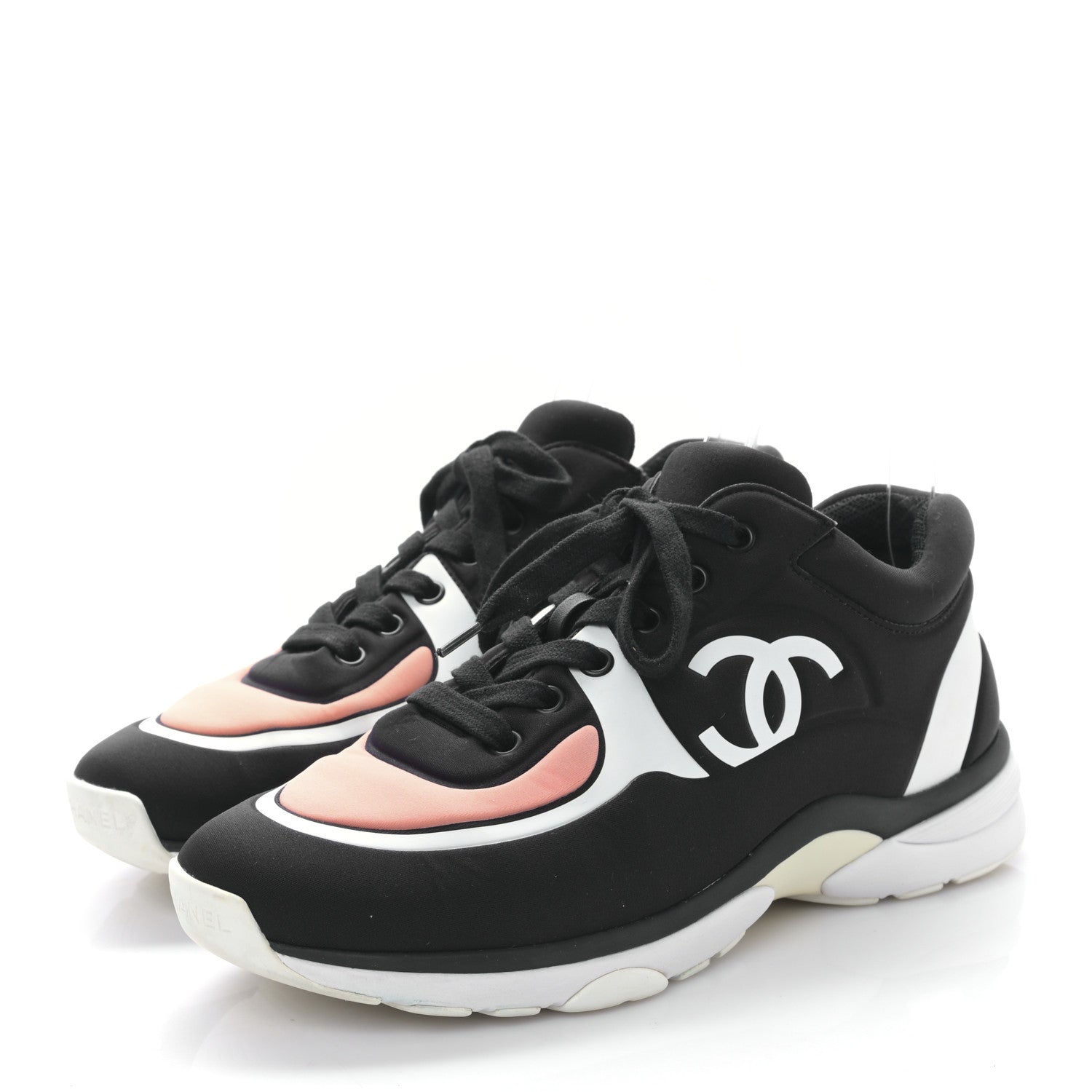 Chanel Lycra Fabric Womens CC Sneakers 38 Black White Pink 2 of 8