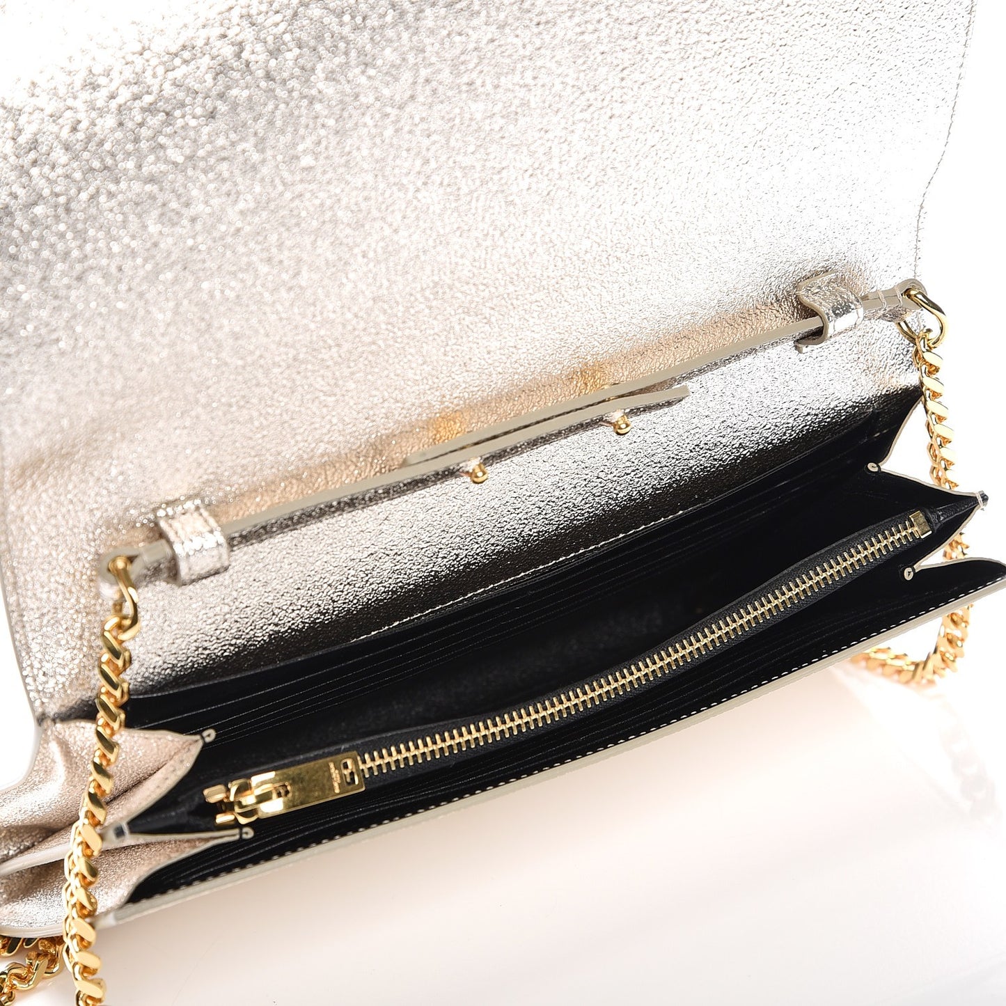 Metallic Calfskin Monogram Chain Wallet Platine