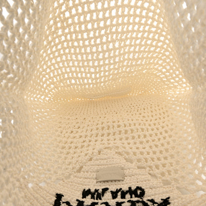 Prada Yarn Raffia Effect Crochet Logo Embroidered Shopping Tote Bag White 5 of 10