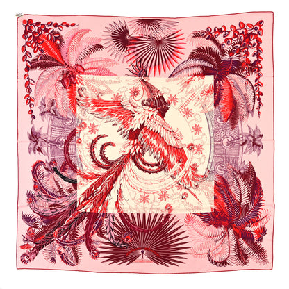 Hermes Cashmere Silk Mythiques Phoenix Coloriage Shawl 140 Rose Rouge White 1 of 3