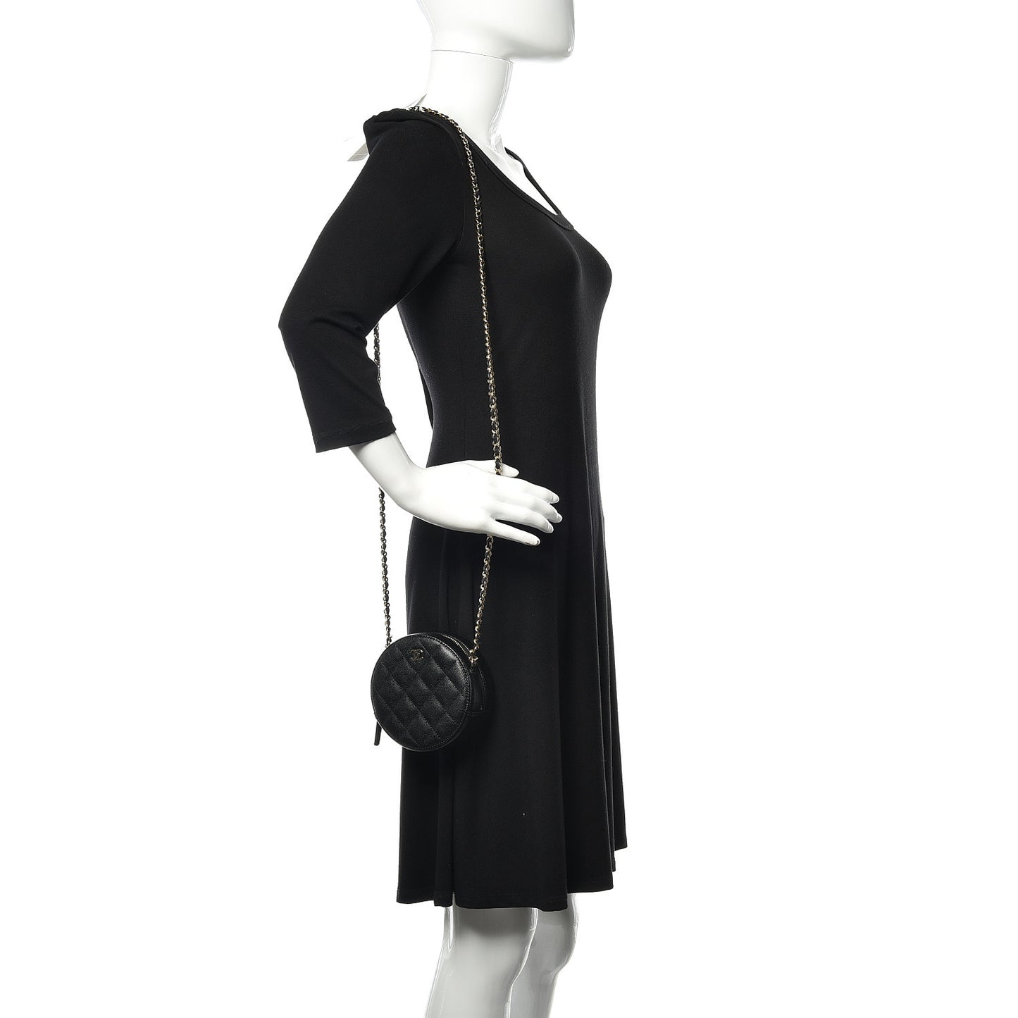 Caviar Quilted Round Clutch With Chain Black
