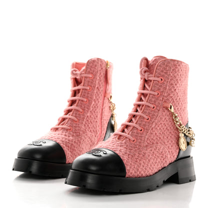 Chanel Wool Tweed Calfskin Chain Lace Up Combat Boots 37 Pink Black 3 of 8