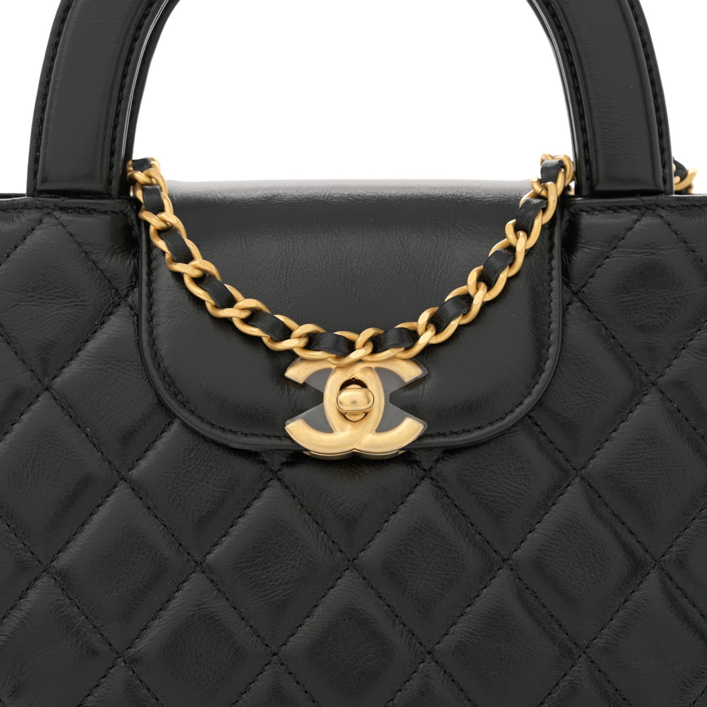 Shiny Aged Calfskin Quilted Nano Kelly Shopper Black