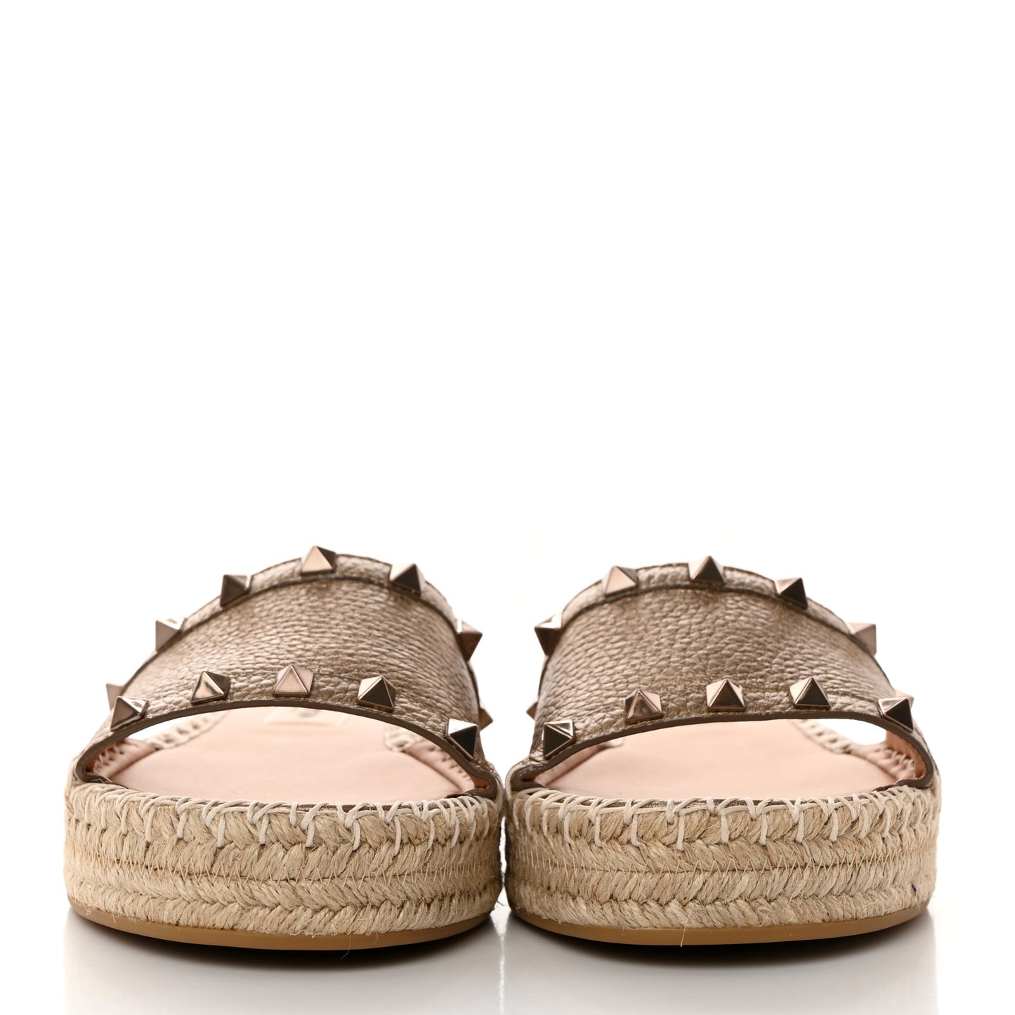 Metallic Grained Calfskin Rockstud Espadrille Flat Slide Sandals 36 Skin Natural