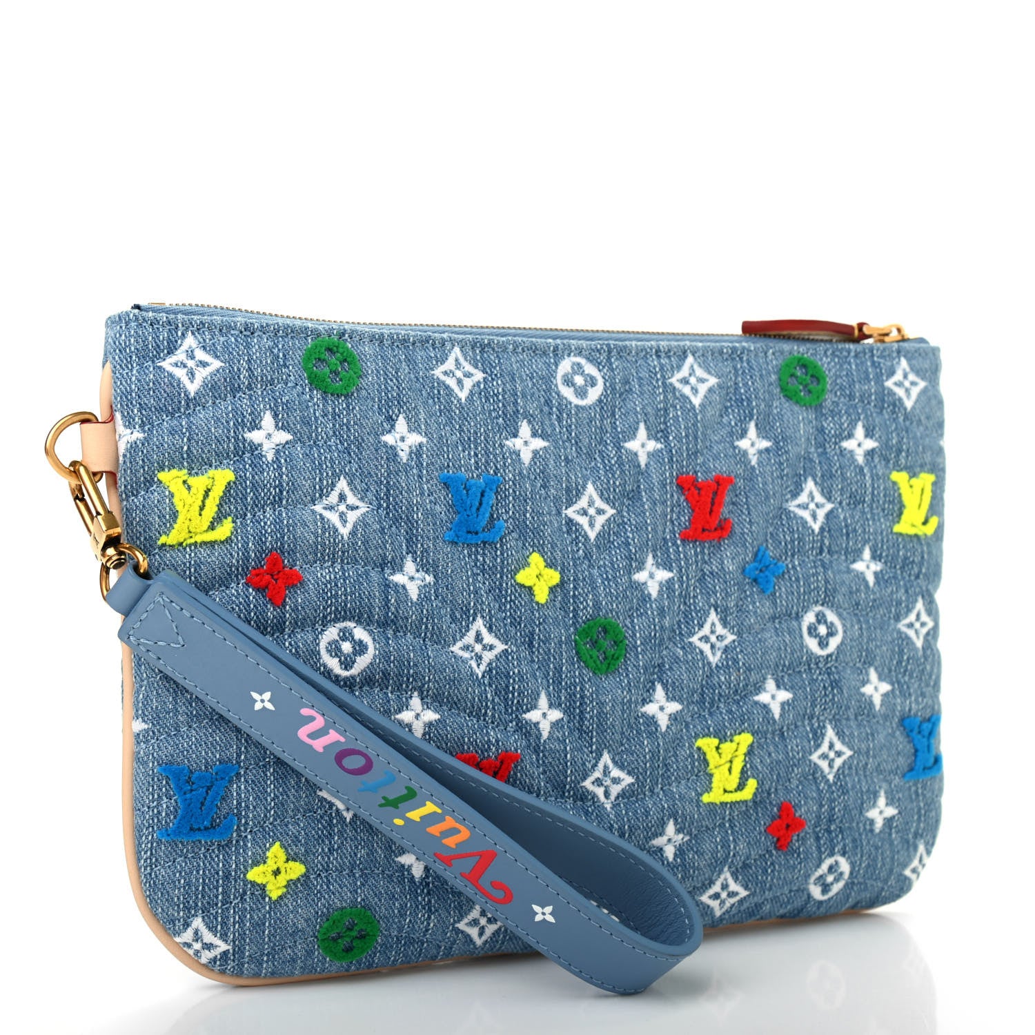 Louis Vuitton Embroidered Monogram Denim New Wave Zipped Pochette Blue 3 of 7