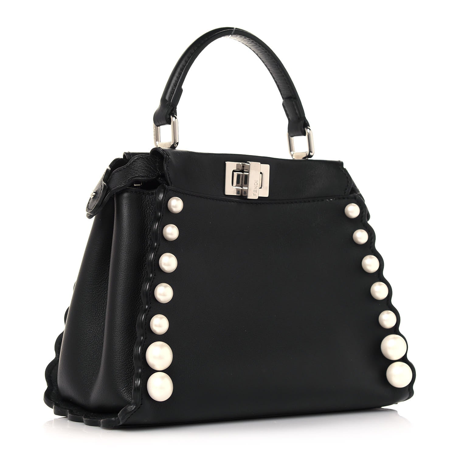 Fendi Vitello Seta Shiny Nappa Pearl Scallopped Studded Mini Peekaboo Iconic Satchel Black 2 of 13