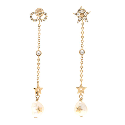 Christian Dior Pearl Crystal Star CD Drop Earrings Gold 1 of 4