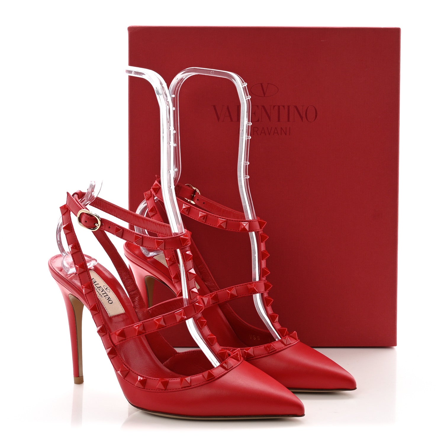 Valentino Garavani Calfskin Lacquered Monochrome Rockstud Ankle Strap 100mm Pumps 37.5 Rosso Valentino 10 of 10