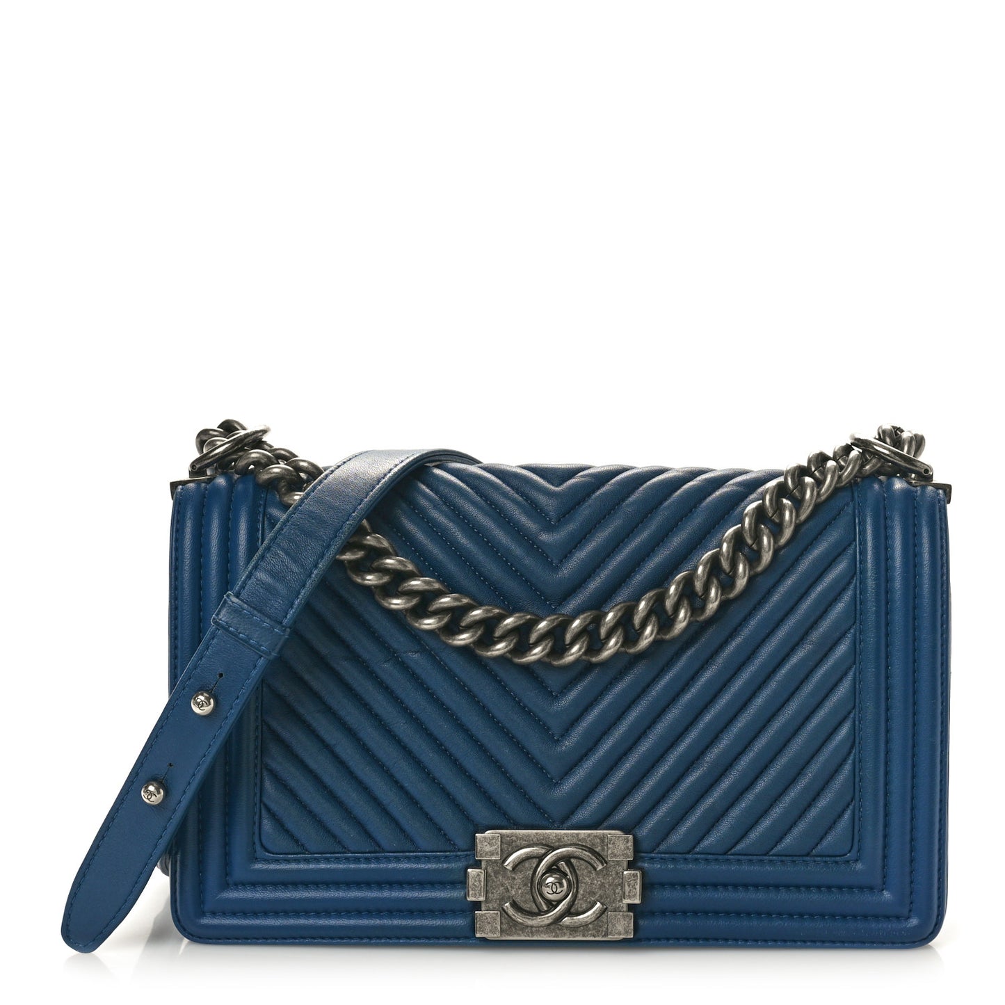 Wrinkled Lambskin Chevron Quilted Medium Boy Flap Navy