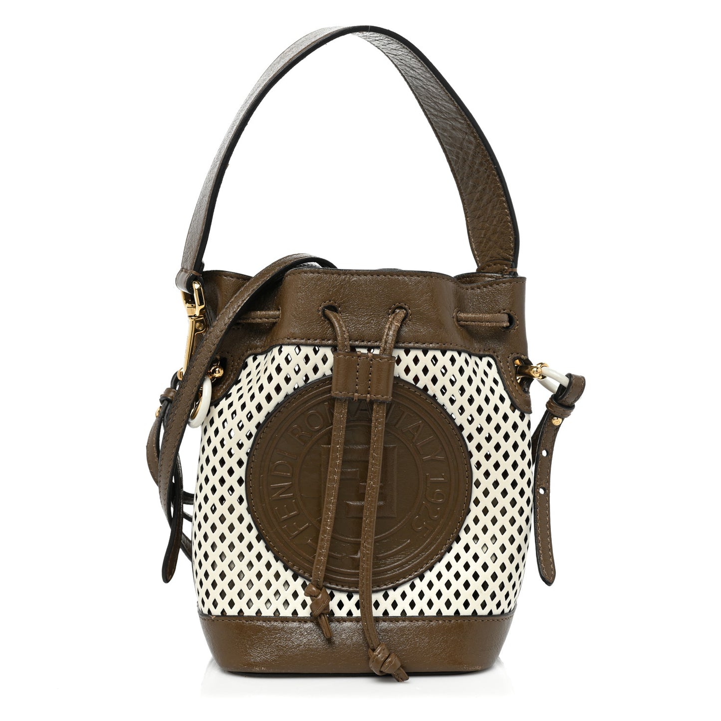 Vitello Liberty Glossy Lambskin F is Fendi Perforated Mini Mon Tresor Bucket Bag White Ice Rust Maya