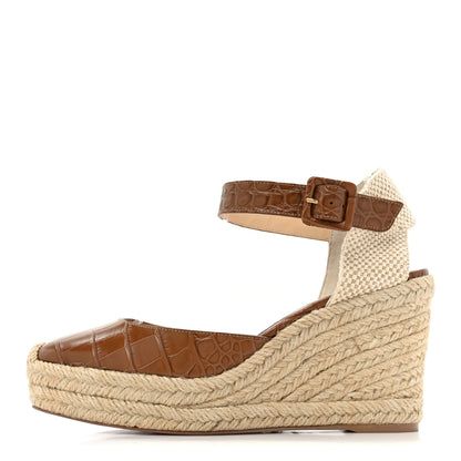Christian Louboutin Calfskin Crocodile Embossed Amelia 90 Espadrille Wedges 38 Brown 1 of 8