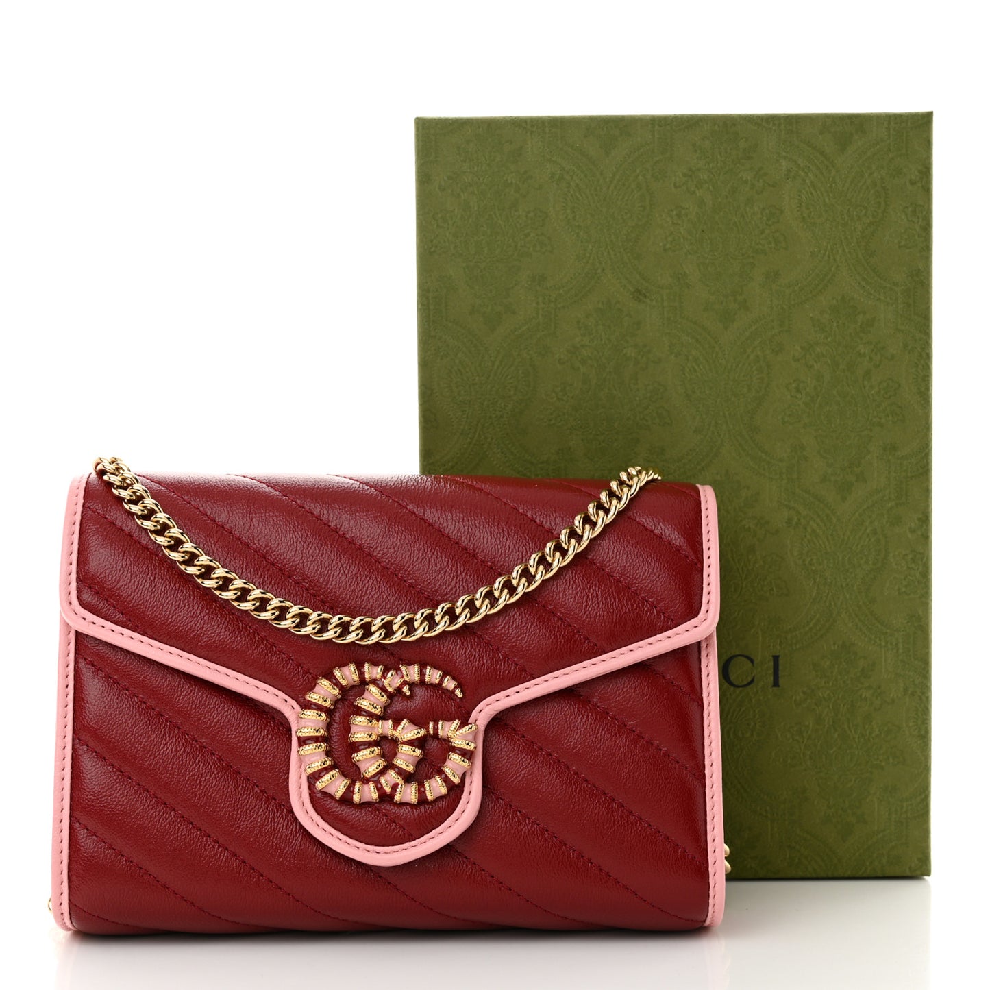 Azalea Calfskin Enamel Matelasse Diagonal Torchon GG Marmont Chain Wallet New Cherry Red Wild Rose