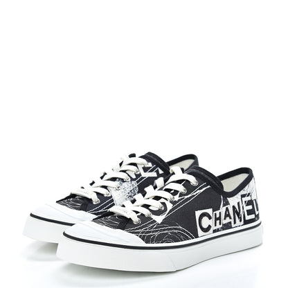 Chanel Printed Fabric Low Top Logo Sneakers 39 White Black 3 of 9