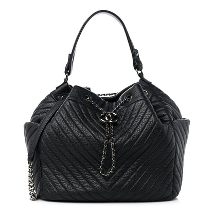 Chanel Deerskin Chevron Large CC Chain Bucket Drawstring Bag Black 1 of 9