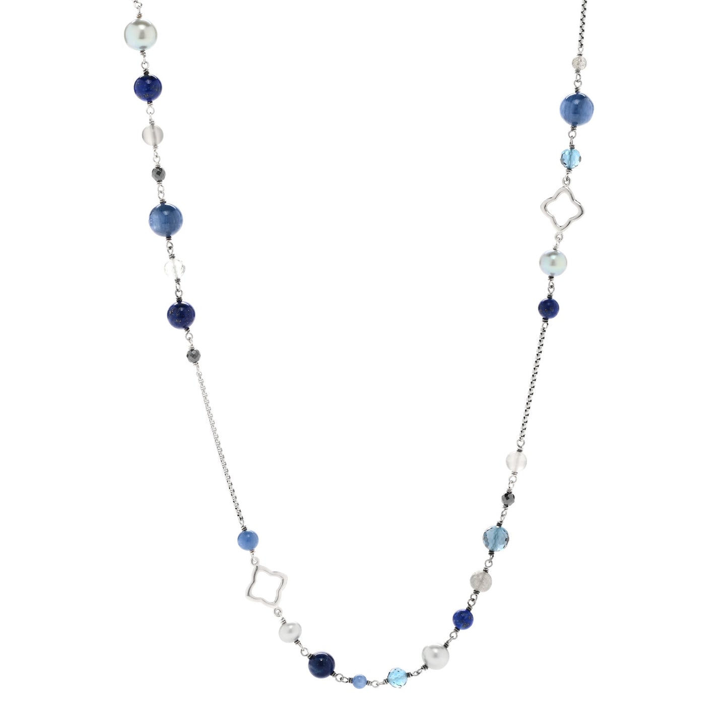 Sterling Silver Lapis Lazuli Kyanite Pearl Hematine Labradorite Blue Topaz Moonstone Smoky Quartz Quatrafoil Necklace