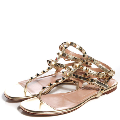 Valentino Garavani Metallic Nappa Rockstud Ankle Wrap Flat Thong Sandals 38.5 Platino 3 of 7