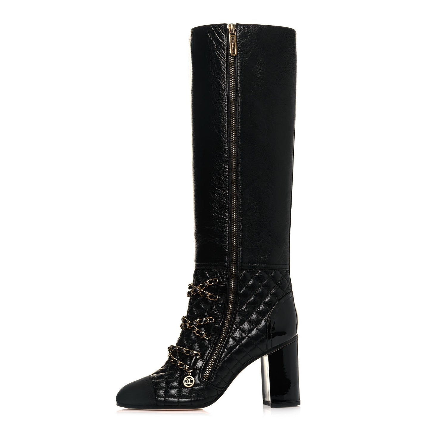 Lambskin Grosgrain Patent Chained High Boots 37.5 Black