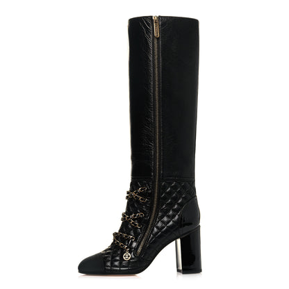 Chanel Lambskin Grosgrain Patent Chained High Boots 37.5 Black 1 of 8