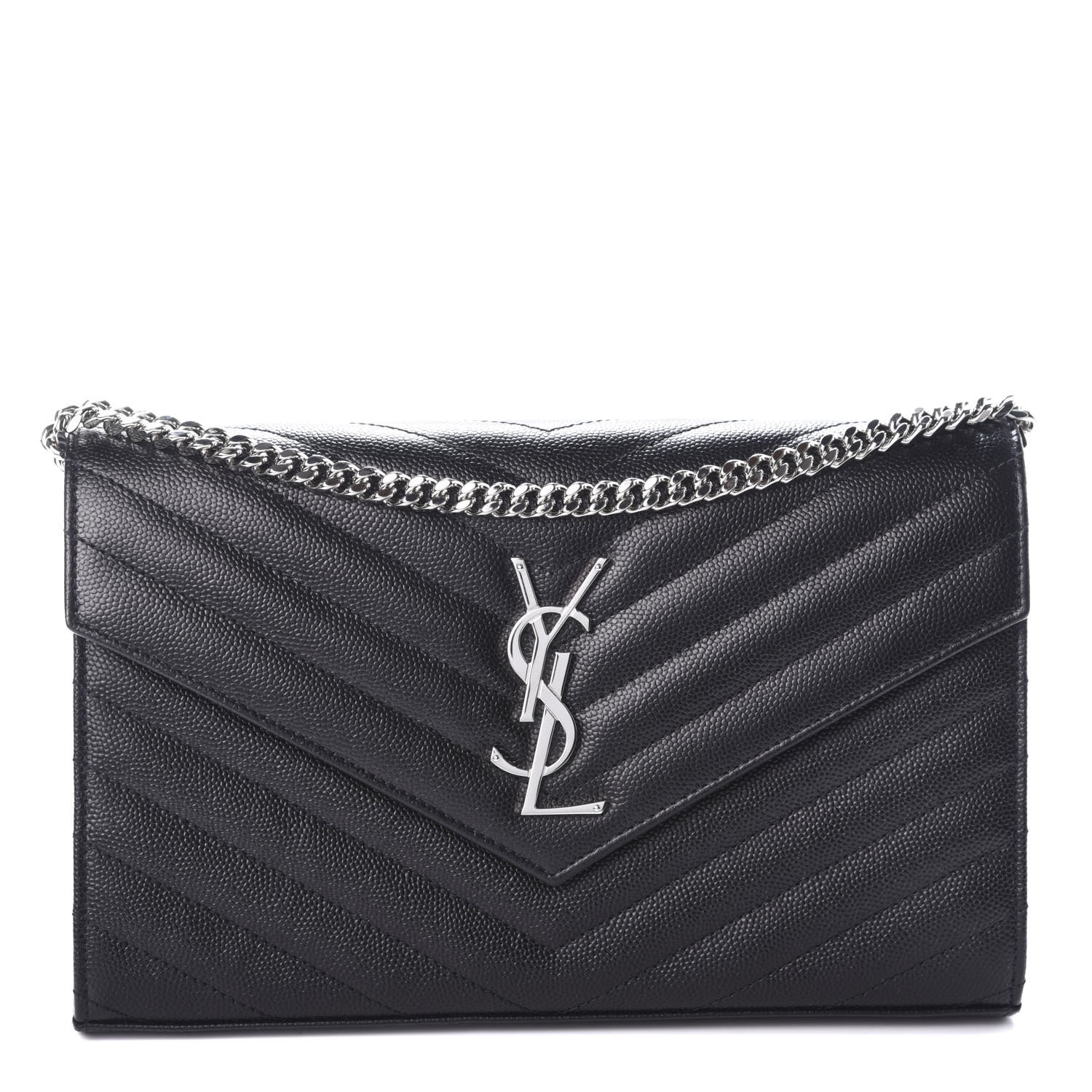 Saint Laurent Grain De Poudre Matelasse Chevron Monogram Chain Wallet Black 1 of 8