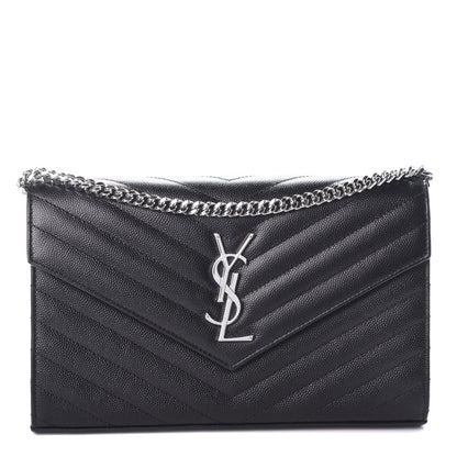 Saint Laurent Grain De Poudre Matelasse Chevron Monogram Chain Wallet Black 1 of 8
