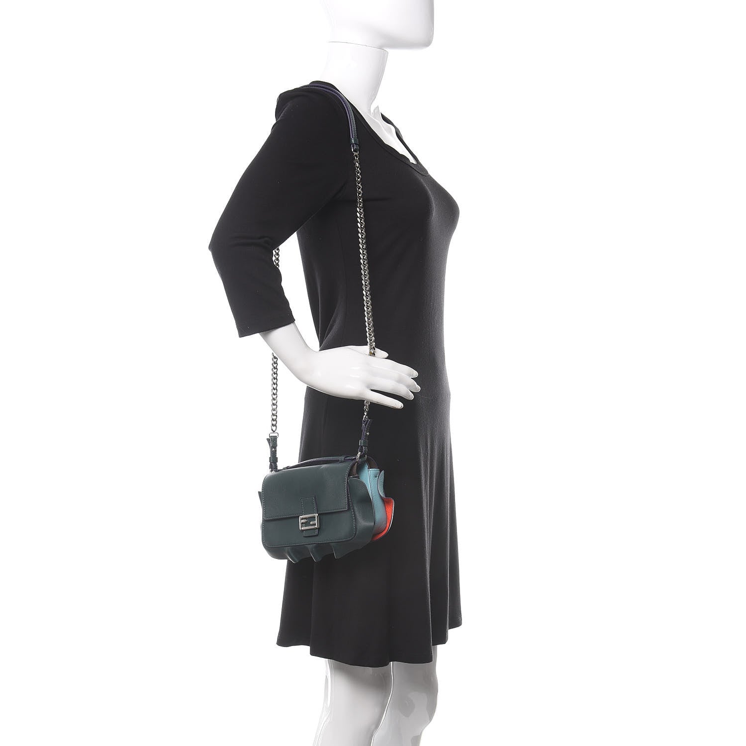 Fendi Vitello Dolce Waves Tri-Color Micro Double Baguette Verde Inglese Papavero Laguna 2 of 9