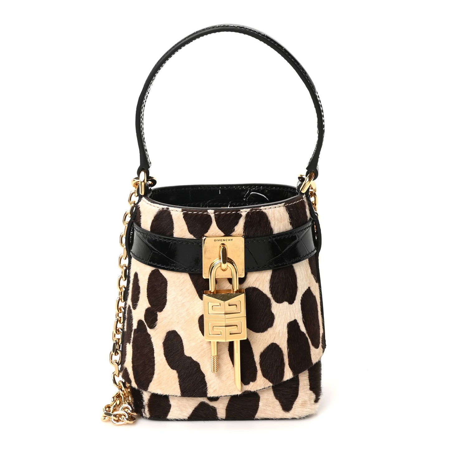 Pony Calfskin Micro Leopard Print Shark Lock Bucket Bag Black Beige