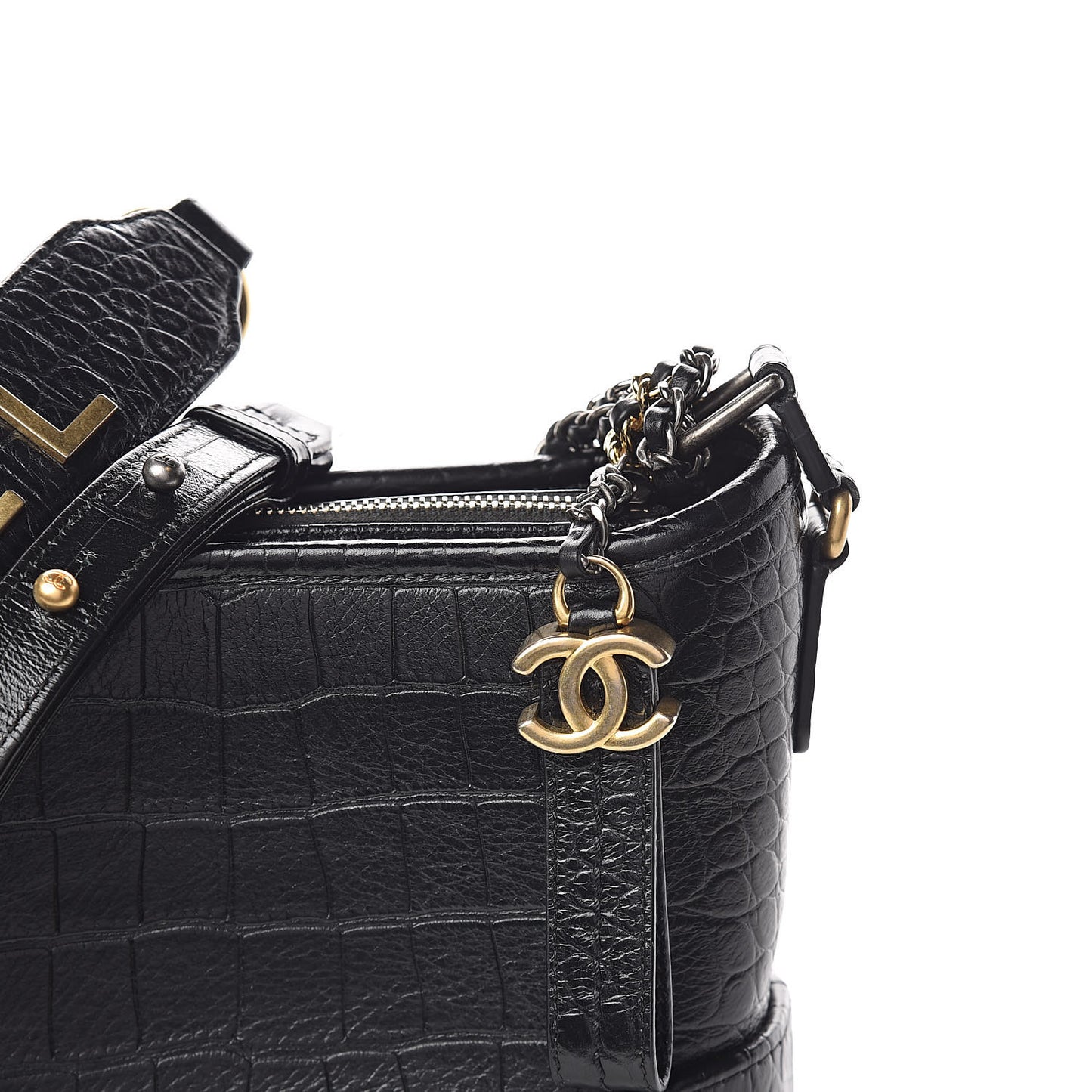 Calfskin Crocodile Embossed Small Gabrielle Cocodile Hobo Black