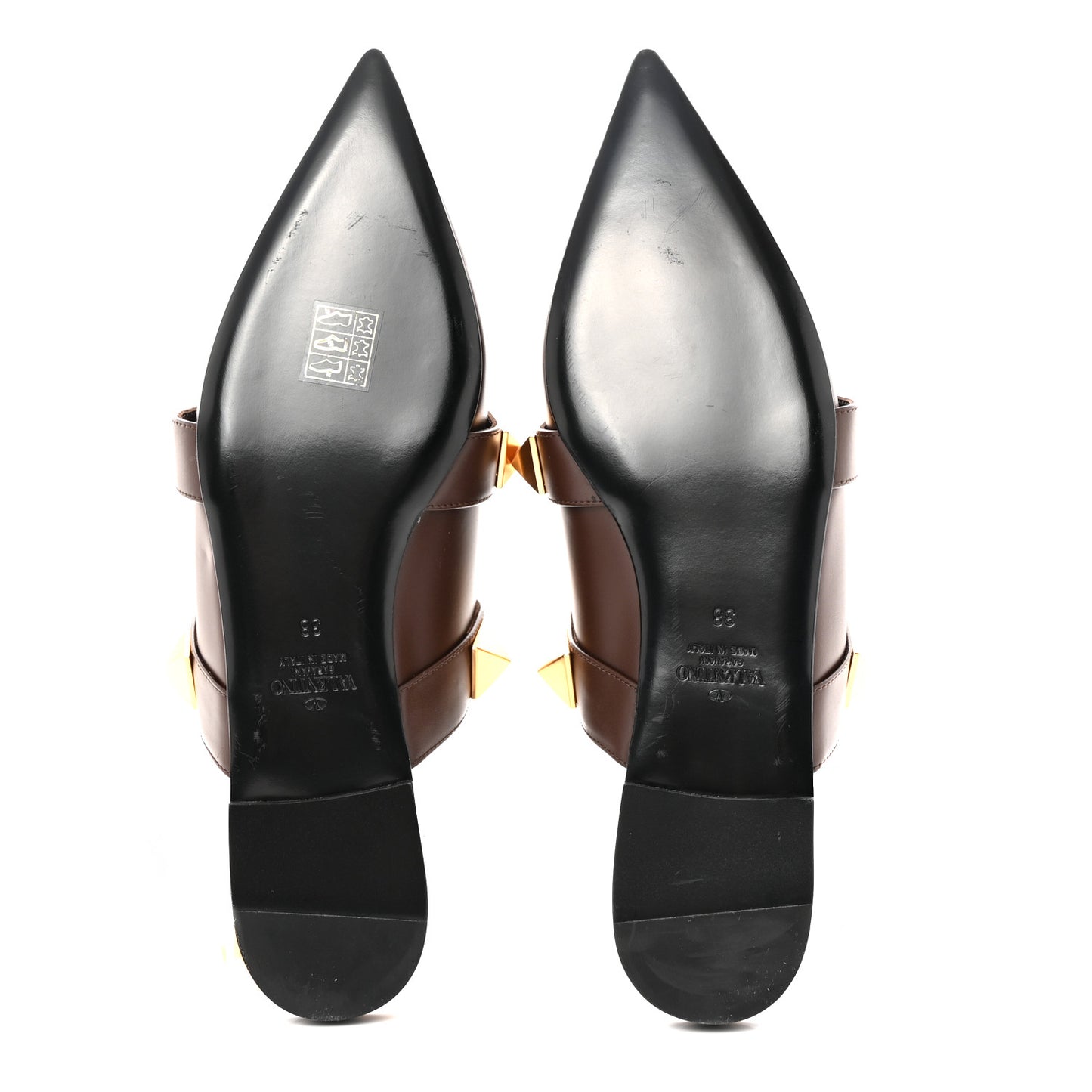 Calfskin Roman Stud Ankle Strap Flat Mules 38 Teak Brown