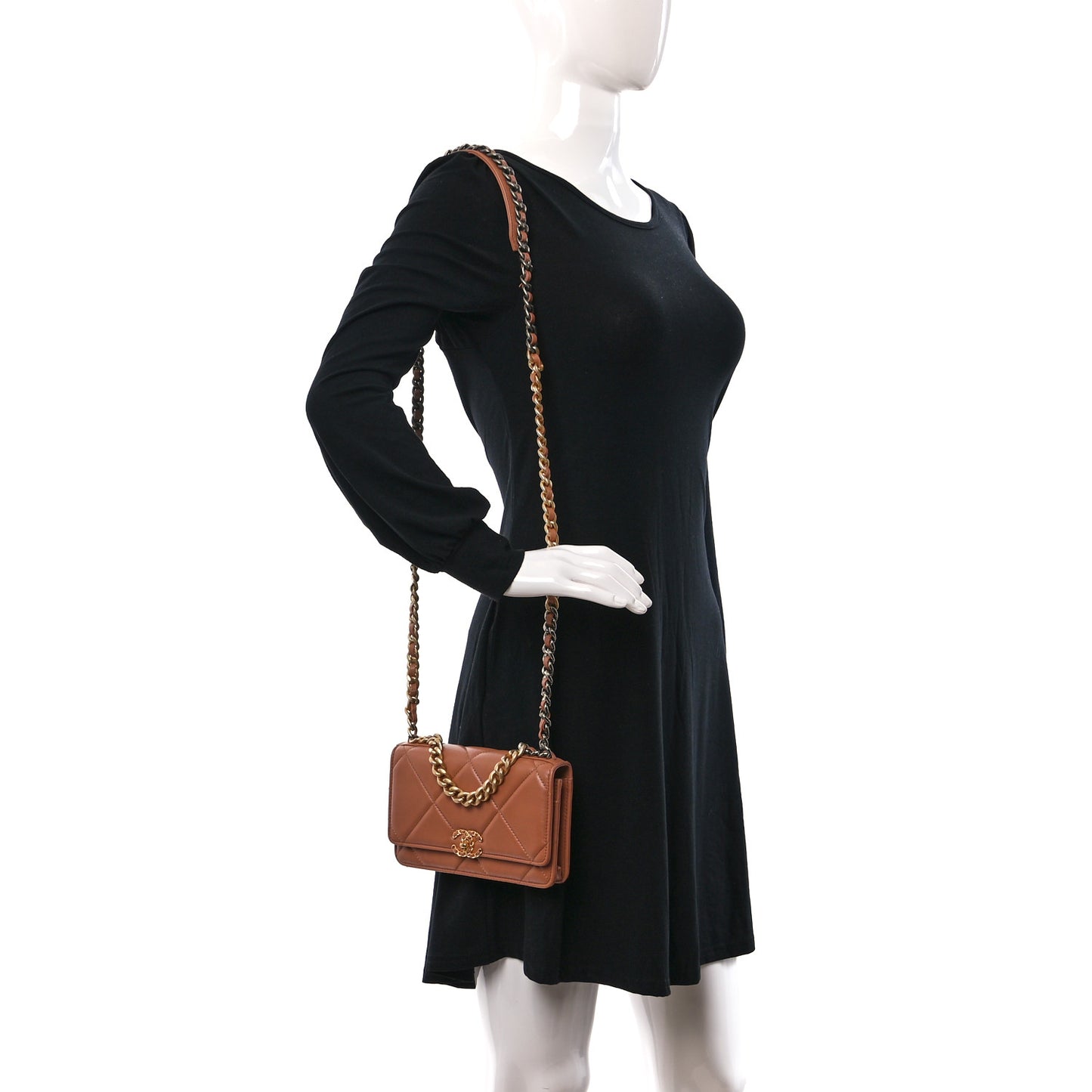 Lambskin Quilted Chanel 19 Wallet On Chain WOC Brown