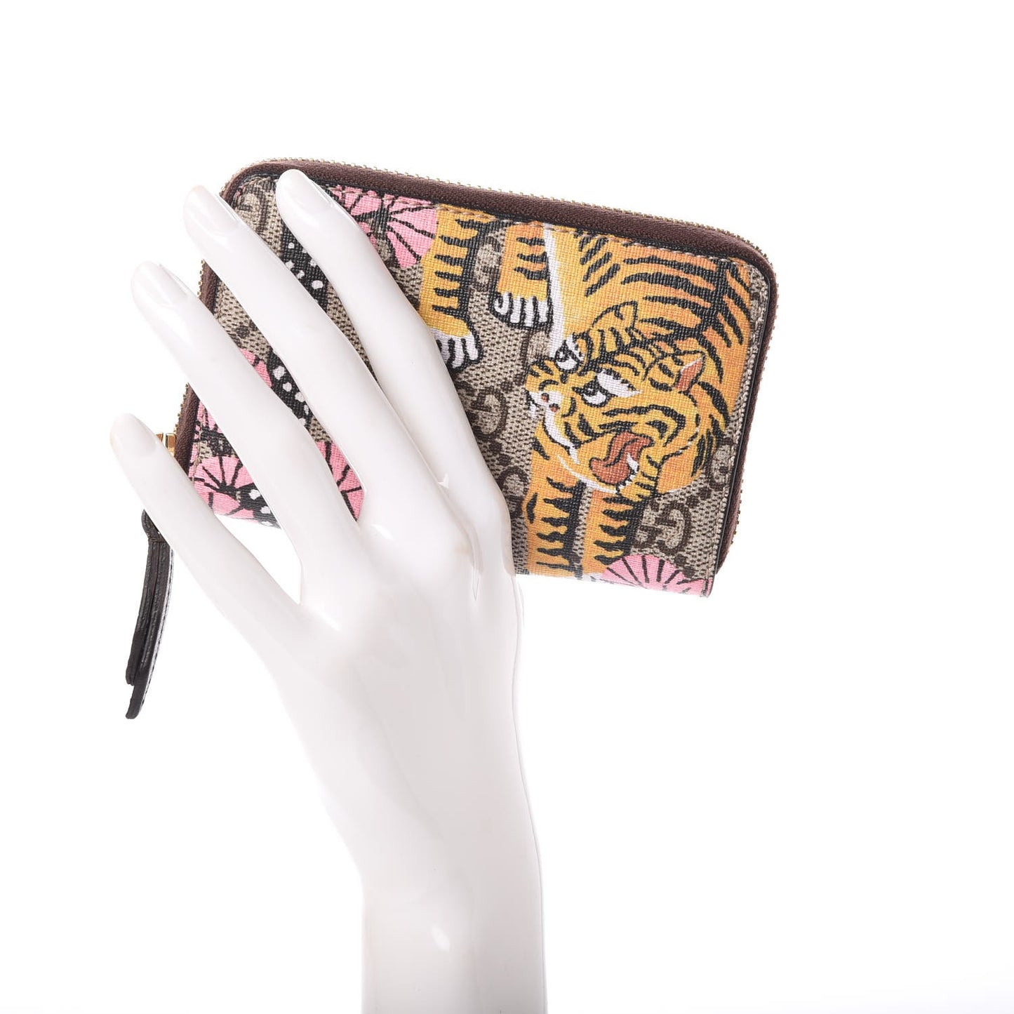 GG Supreme Monogram Bengal Zip Around Card Case Wallet Beige Pink