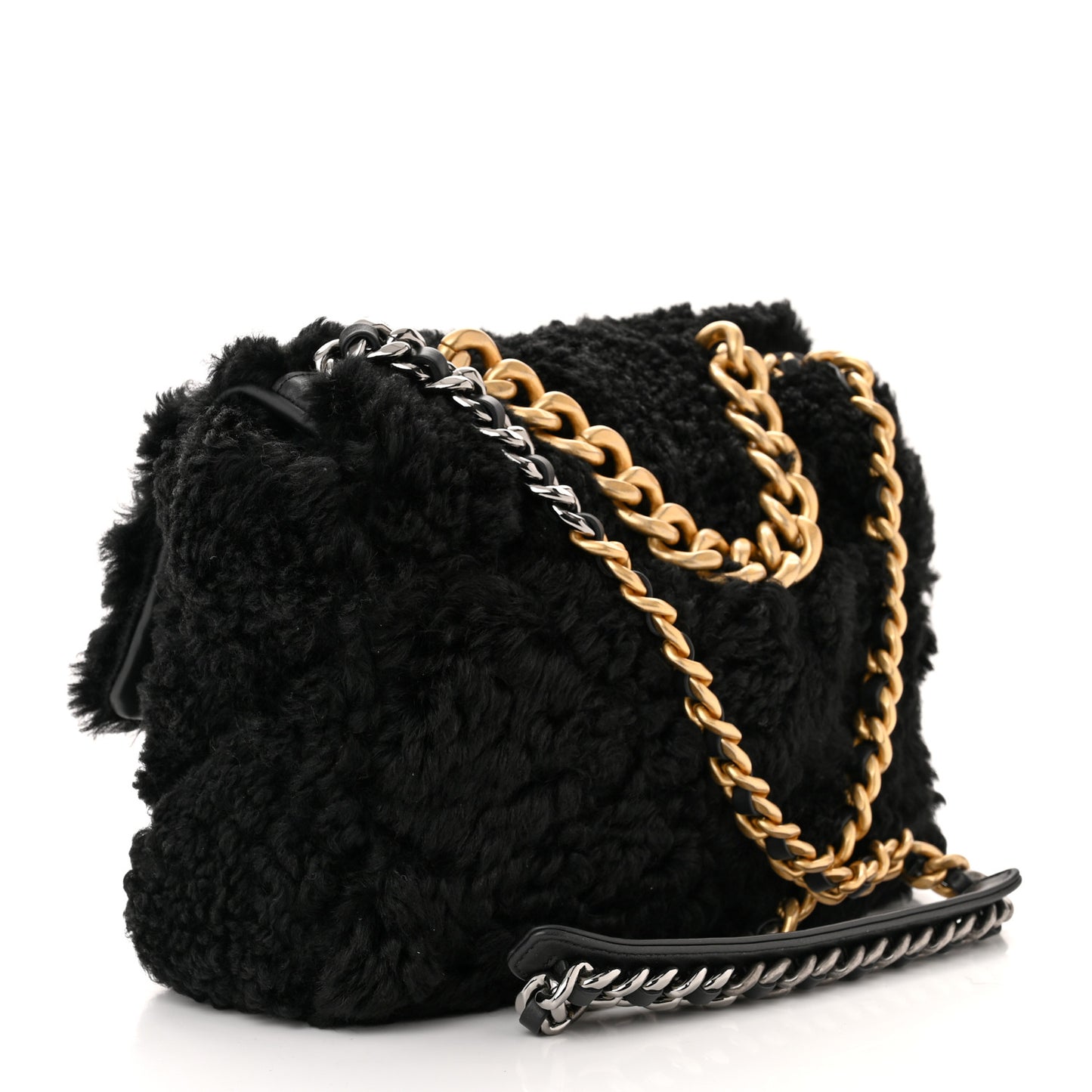 Shearling Sheepskin Large Chanel 19 Flap Black
