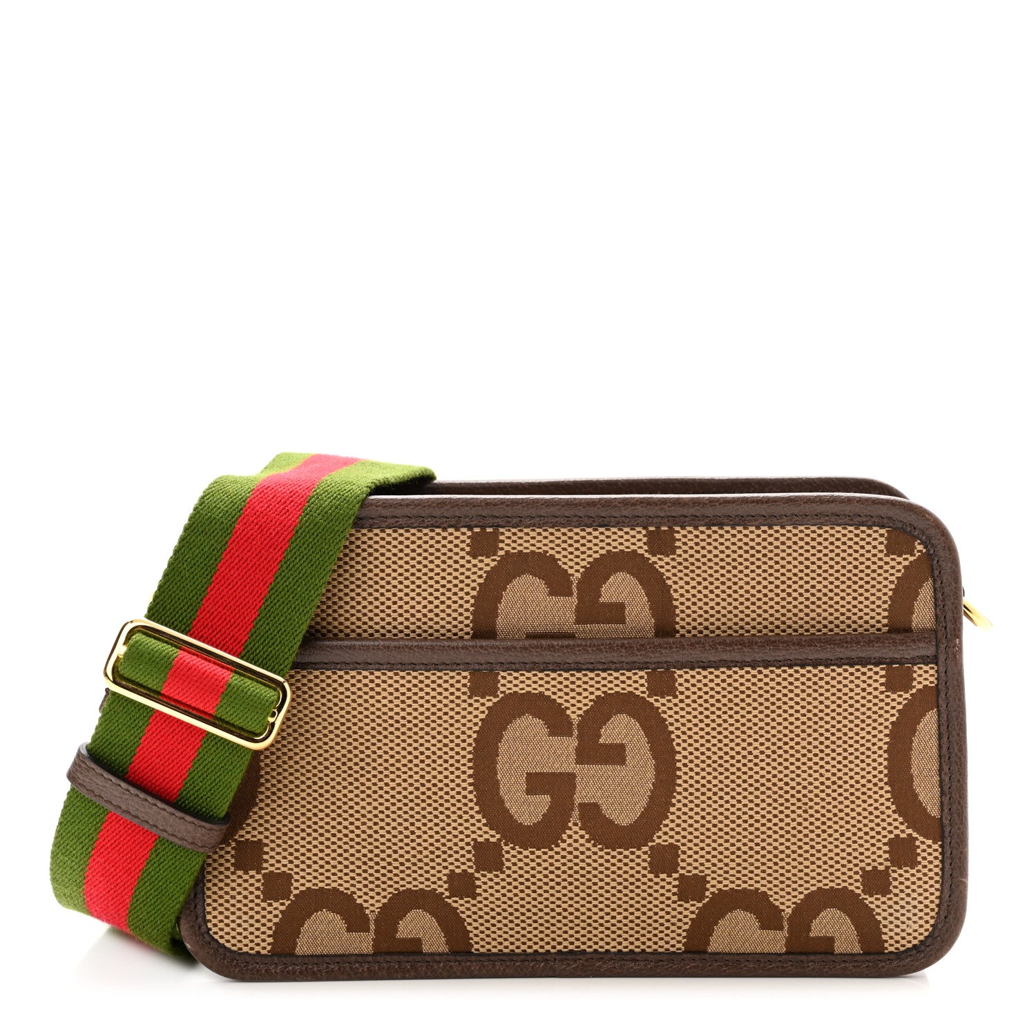 Gucci Monogram Jumbo GG Textured Dollar Calfskin Web Mini Crossbody Bag Camel Ebony New Acero 1 of 13