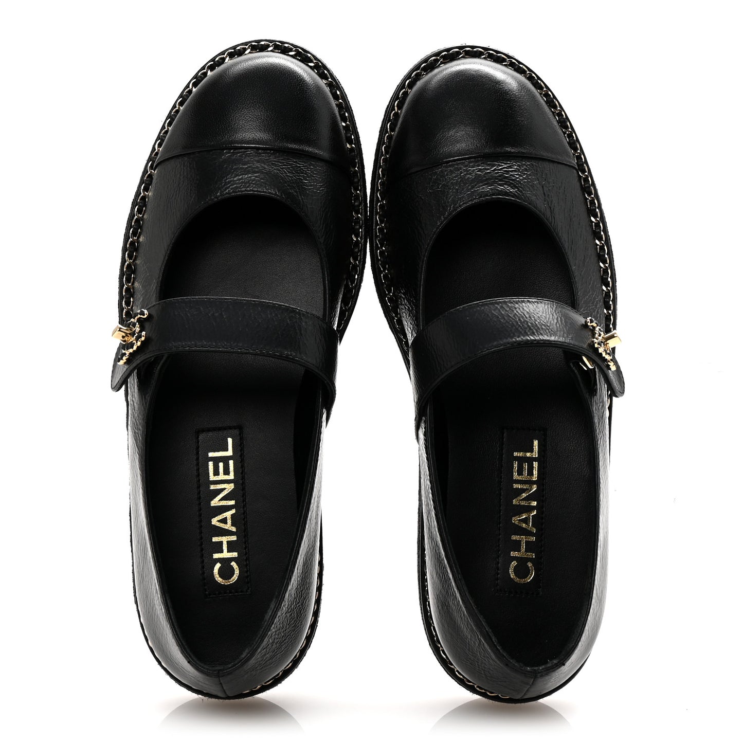 Crumpled Lambskin Cap Toe Chain CC Turnlock Mary Jane Flats 37 Black