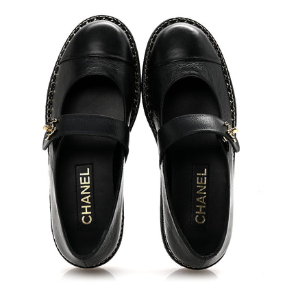 Chanel Crumpled Lambskin Cap Toe Chain CC Turnlock Mary Jane Flats 37 Black 2 of 9