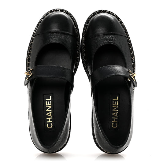 Crumpled Lambskin Cap Toe Chain CC Turnlock Mary Jane Flats 37 Black