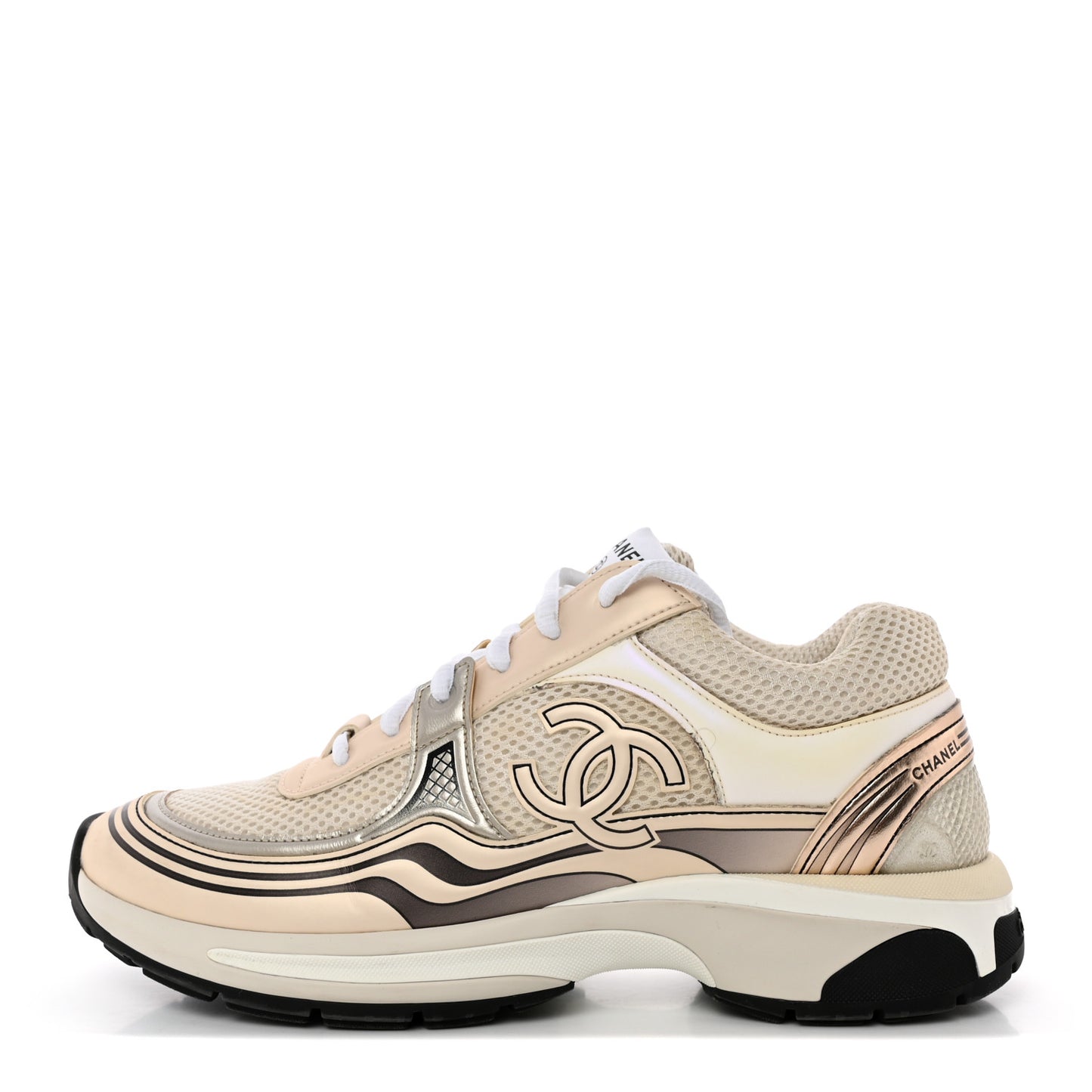 Fabric Laminated Calfskin Stretch CC Womens Sneakers 39.5 White Gold Silver