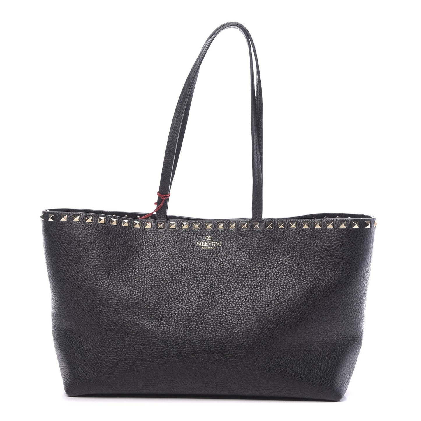 Grained Calfskin Small Rockstud Shoulder Tote Black