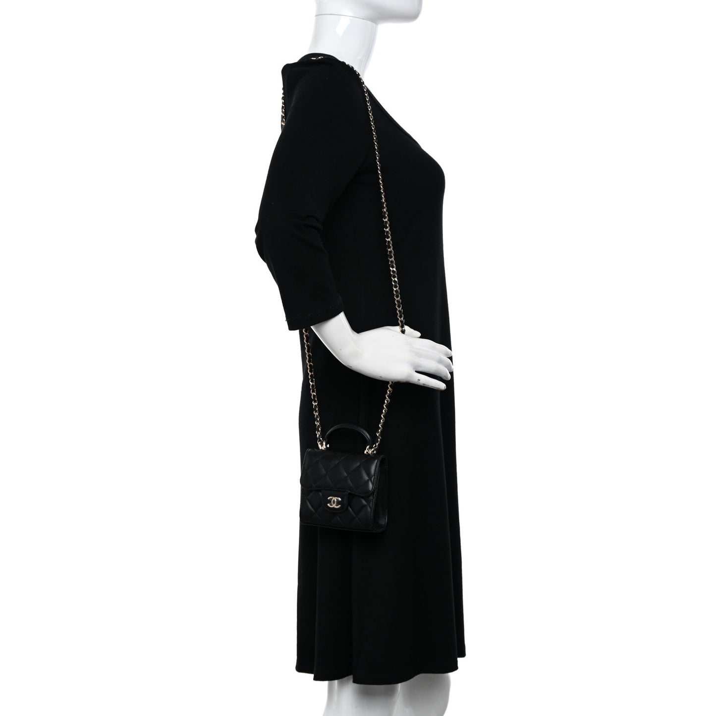 Lambskin Quilted Top Handle Flap Clutch With Chain Black