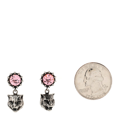 Gucci Metal Crystal Feline Head Earrings Silver Pink 2 of 5