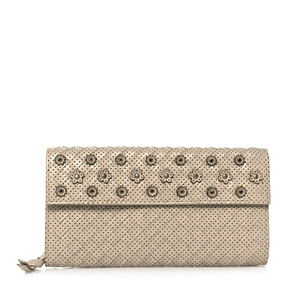 Bottega Veneta Nappa Intrecciato Perforated Studded Flower Continental Flap Wallet Light Beige 1 of 15