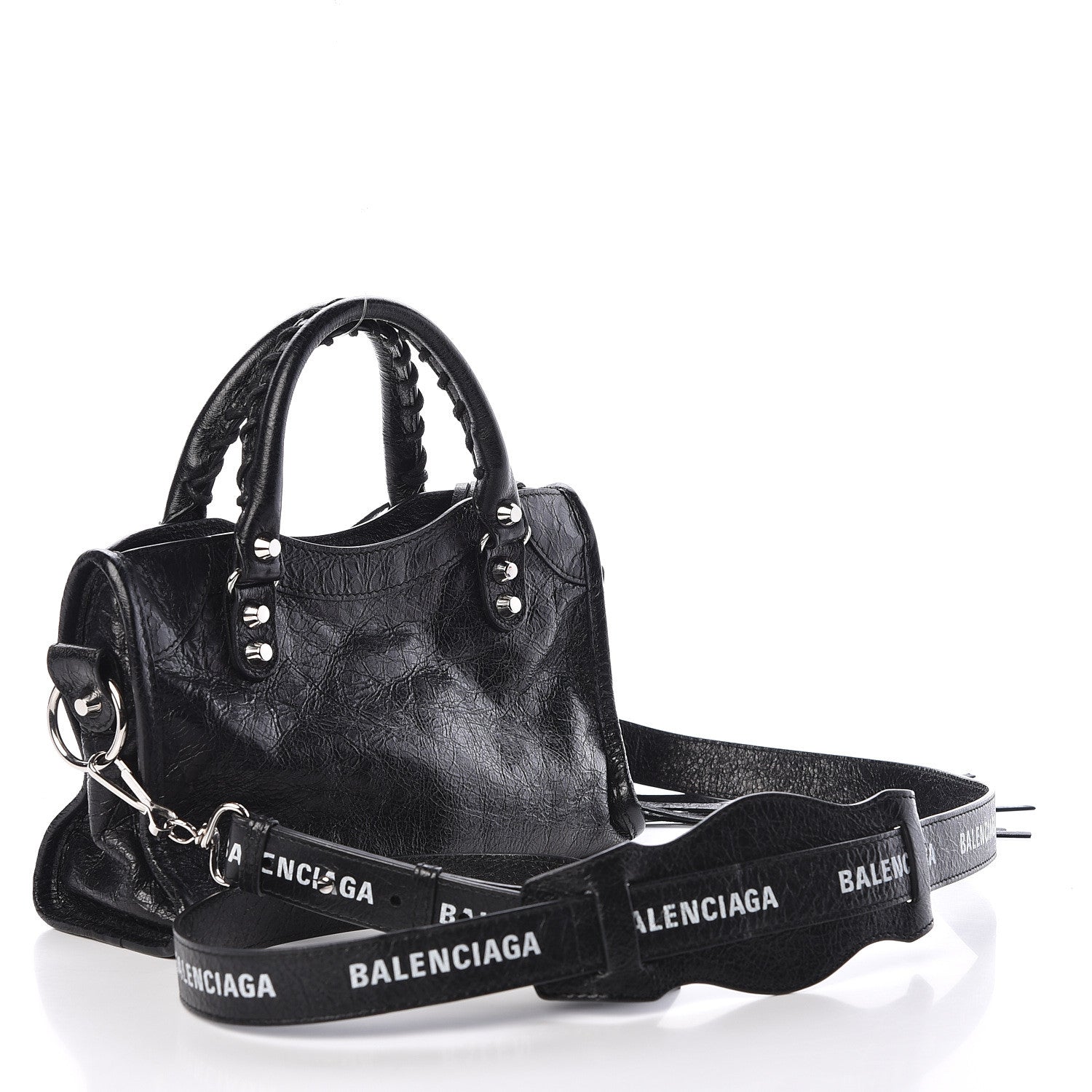 Balenciaga Agneau Classic Silver Hardware Mini City Logo Strap Black White 3 of 9