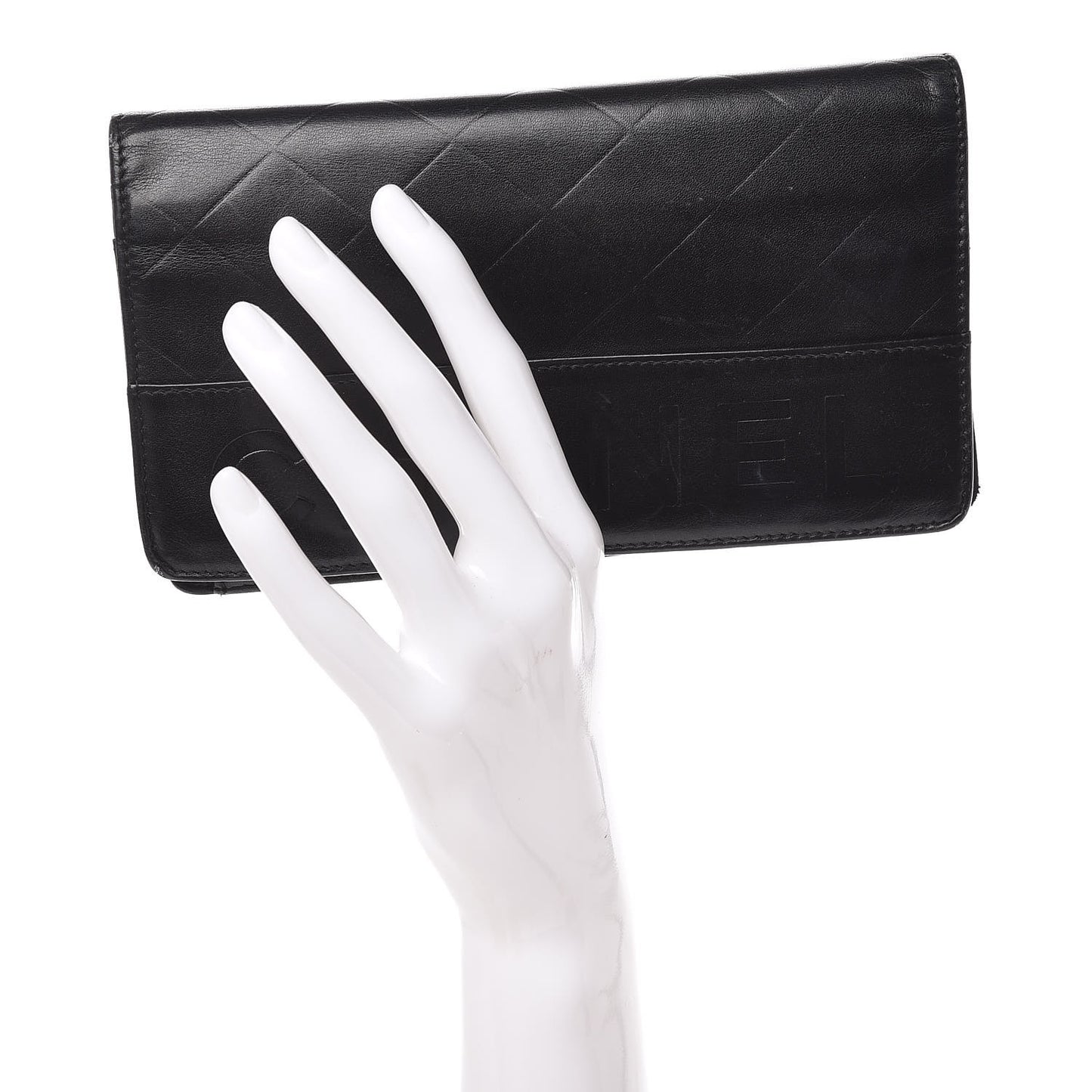 Lambskin Embossed Logo Yen Wallet Black