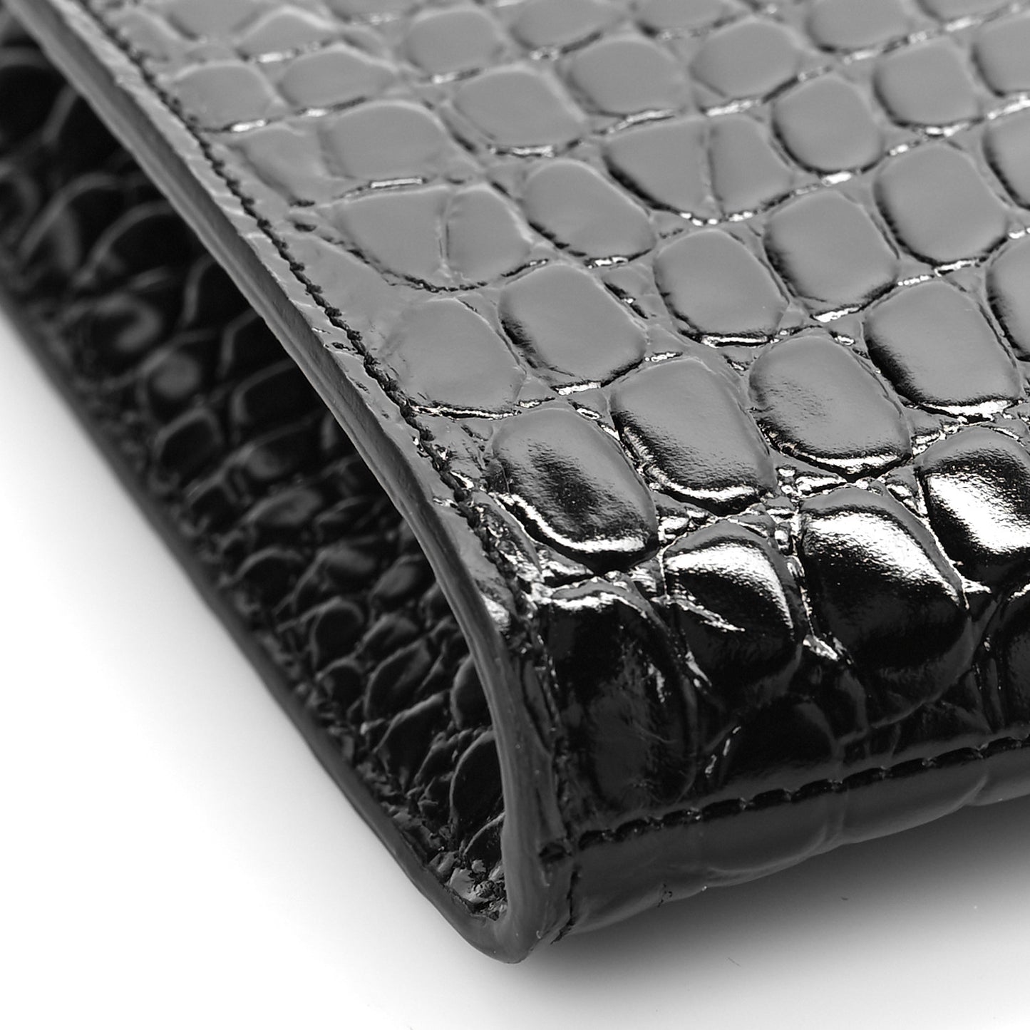 Calfskin Crocodile Embossed Knuckle Flat Clutch Black Gold
