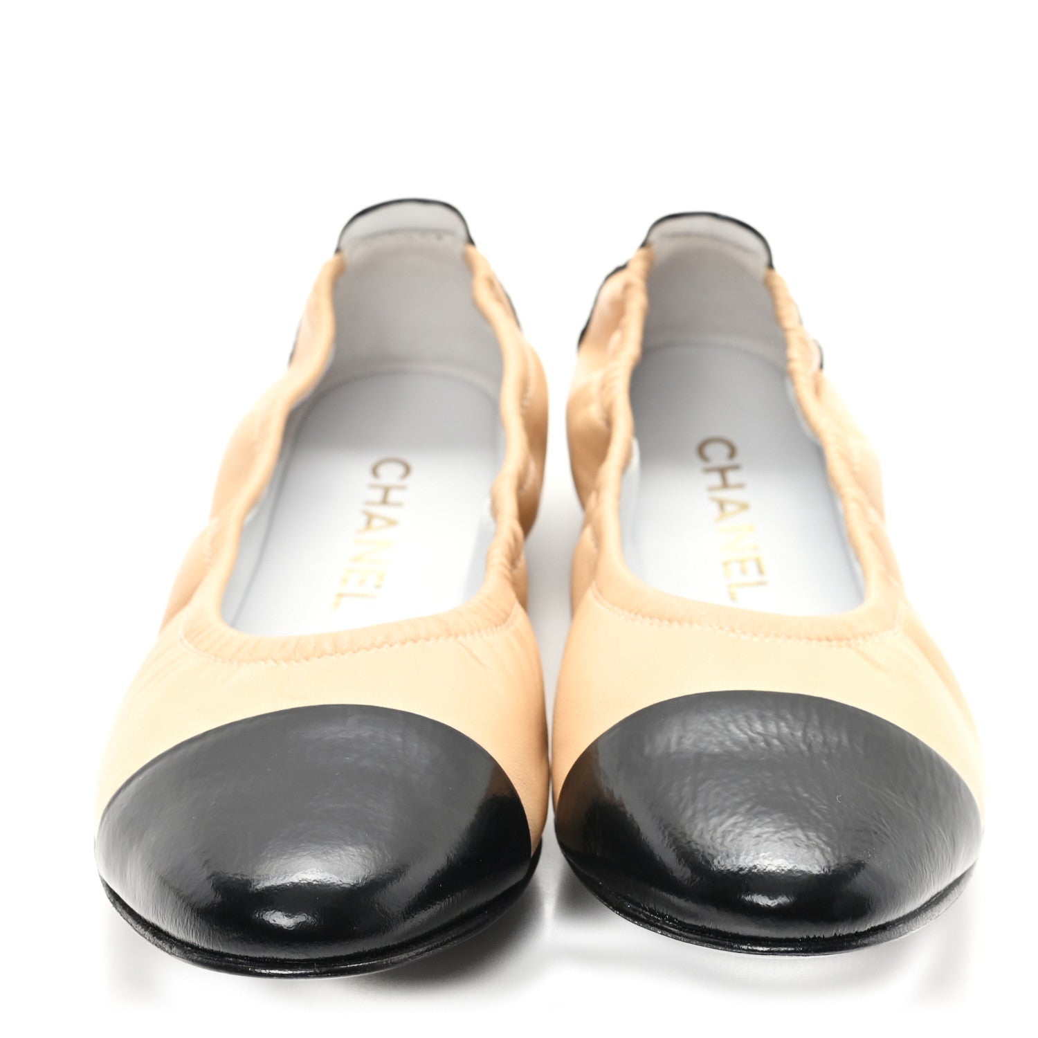 Chanel Lambskin Shiny Goatskin Calfskin Ballerina Flats 39.5 Beige Black 2 of 9