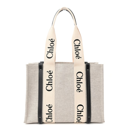 Chloe Cotton Calfskin Medium Woody Ribbon Tote White Black 1 of 13