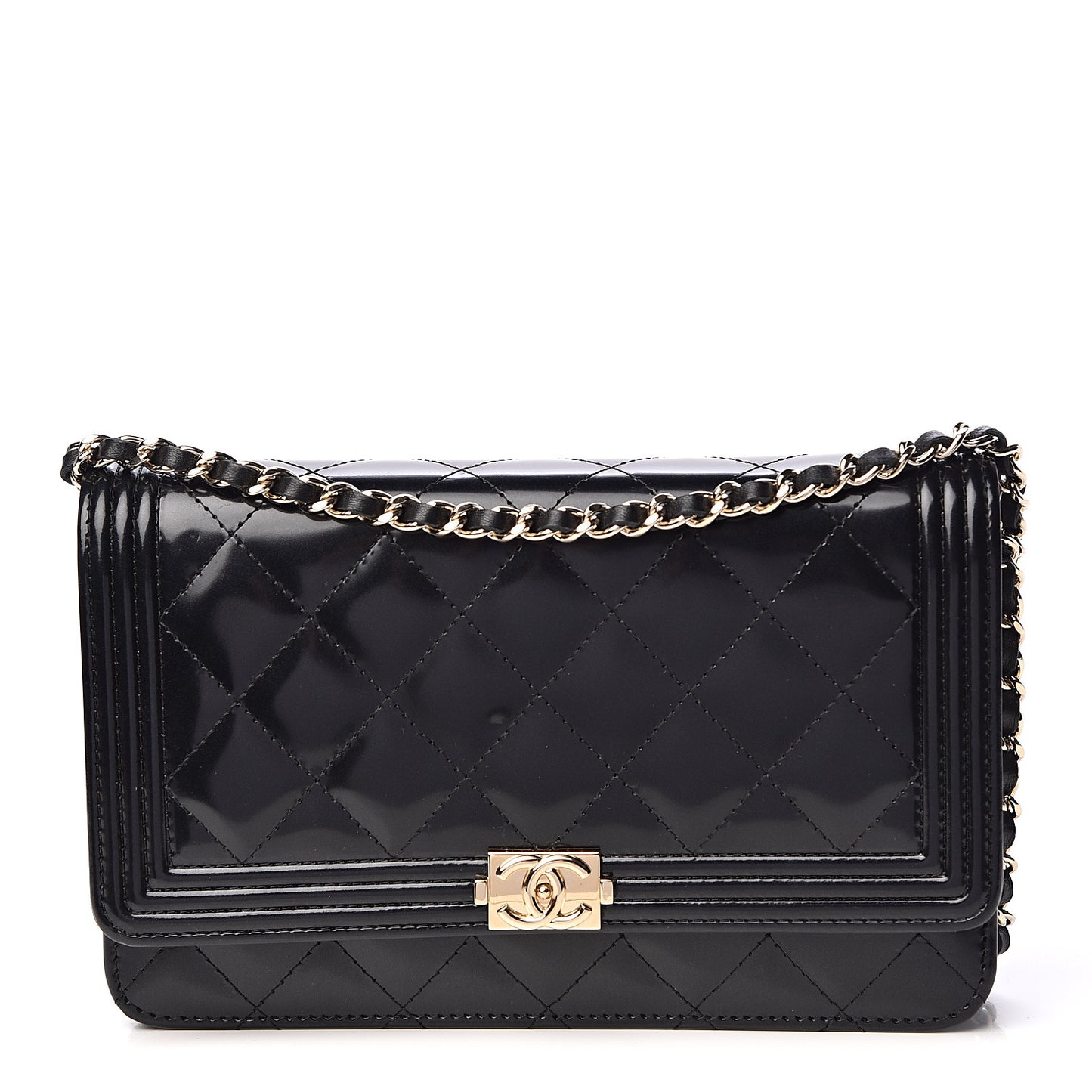 Patent Calfskin Quilted Boy Wallet On Chain WOC Black
