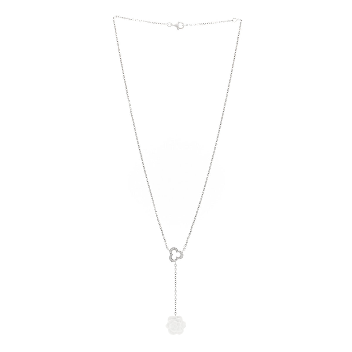 Chanel 18K White Gold Diamond Agate Camelia Sculpte Pendant Necklace 3 of 5
