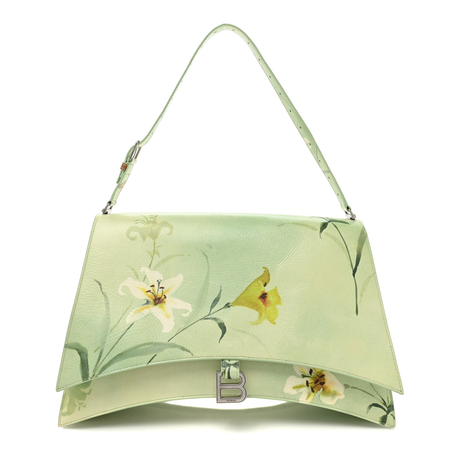 Balenciaga Shiny Paper Calfskin Floral Printed Large Crush Sling Bag Green 1 of 17