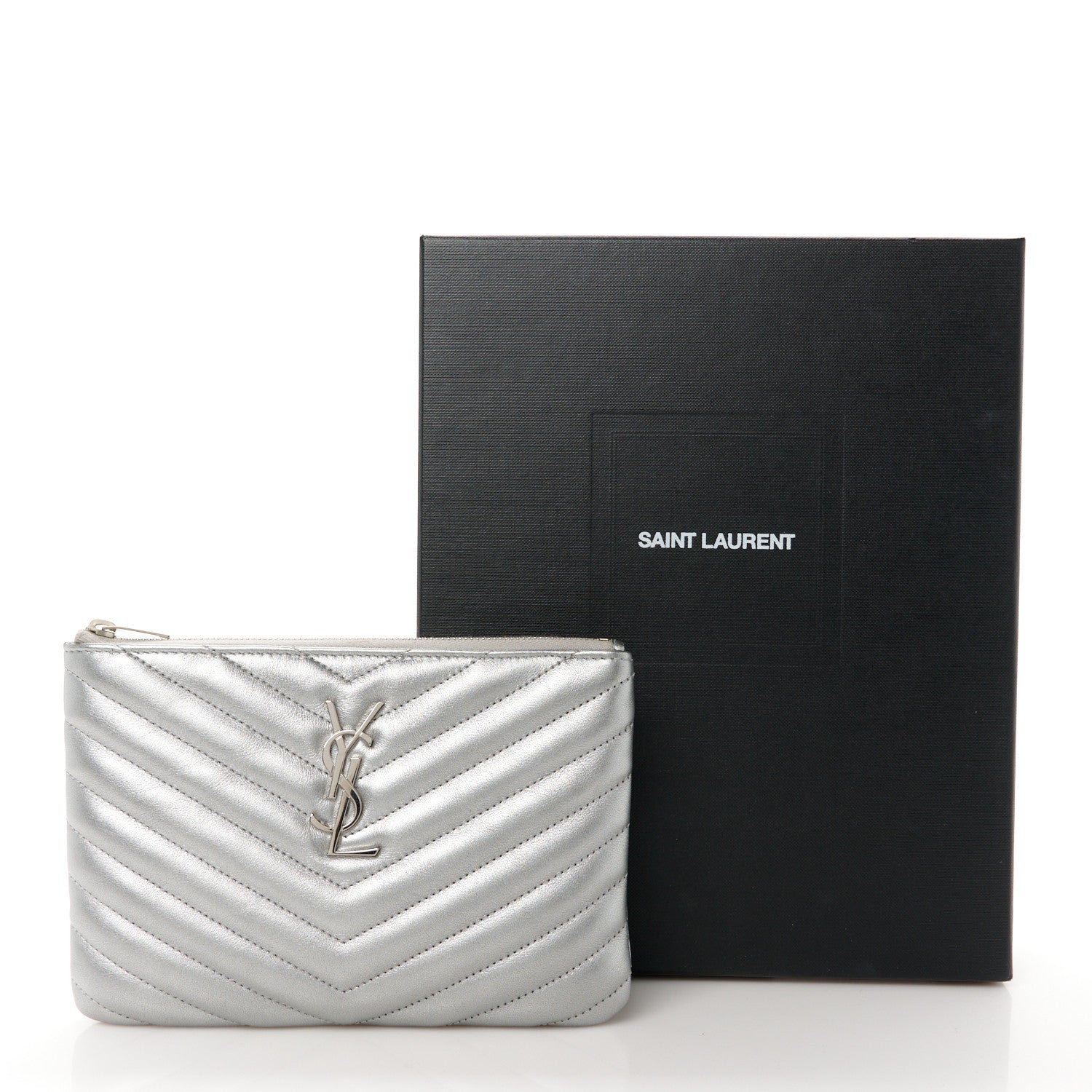 Saint Laurent Metallic Calfskin Matelasse Chevron Monogram Pouch Silver 9 of 9