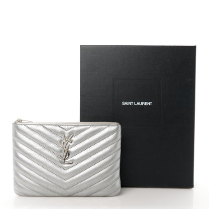 Saint Laurent Metallic Calfskin Matelasse Chevron Monogram Pouch Silver 9 of 9